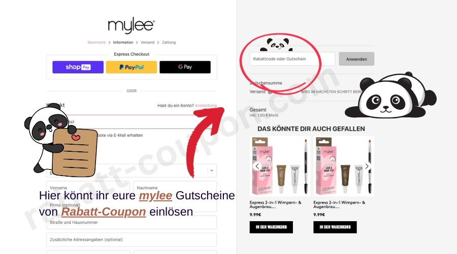 Im Warenkorb könnt ihr den mylee-Gutscheincode von Rabatt-Coupon einlösen.