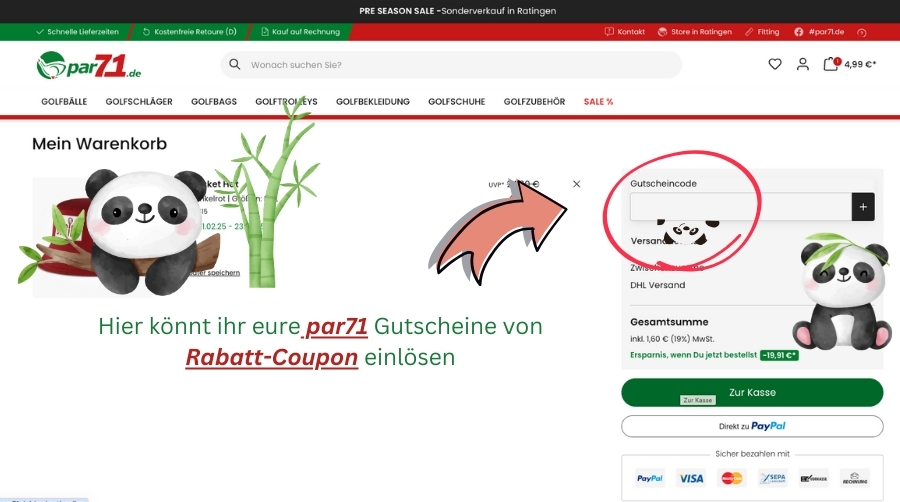 Im Warenkorb könnt ihr den par71-Gutscheincode von Rabatt-Coupon einlösen.